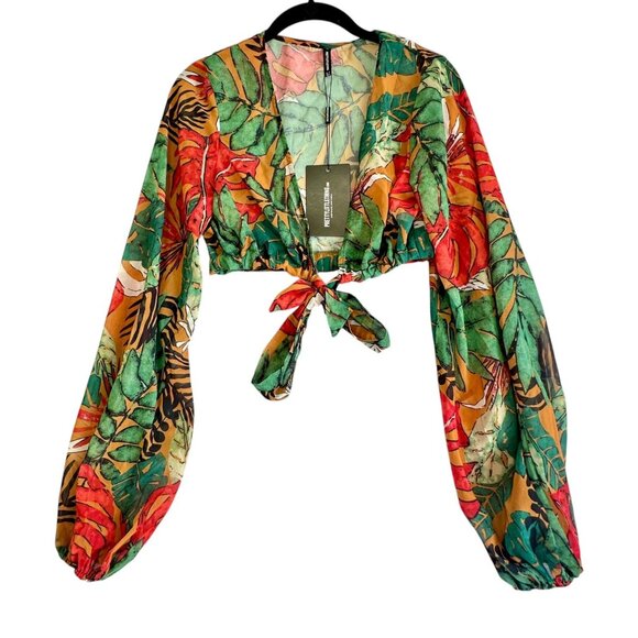 Pretty Little Thing Orange Big Leaf Tie Front Wide Leg Beach 2-Pc Set Sz10 NWT - Picture 3 of 14